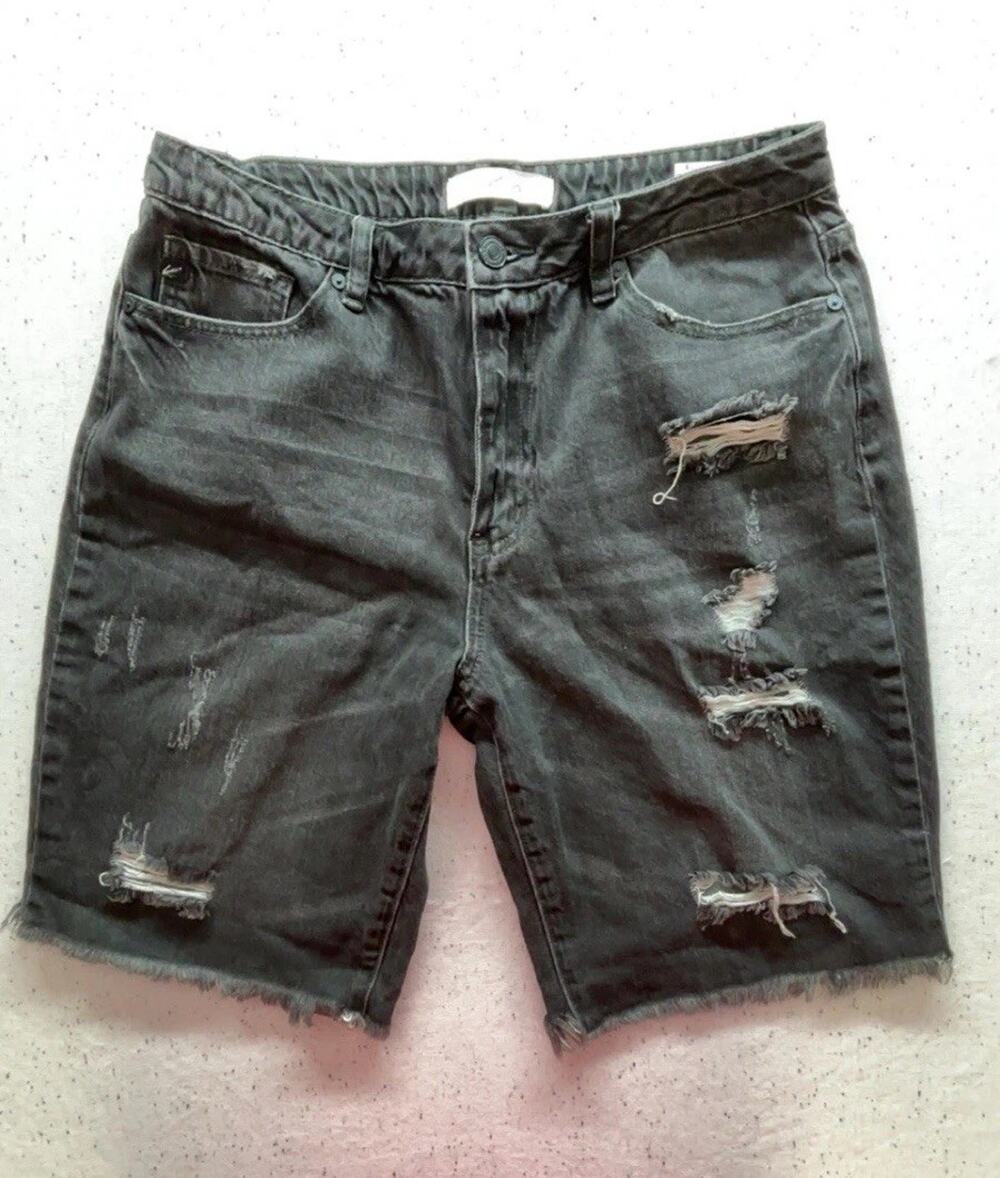 KanCan Women’s Washed Black Distressed Denim Shorts Bermuda Jorts Size L Sz 32